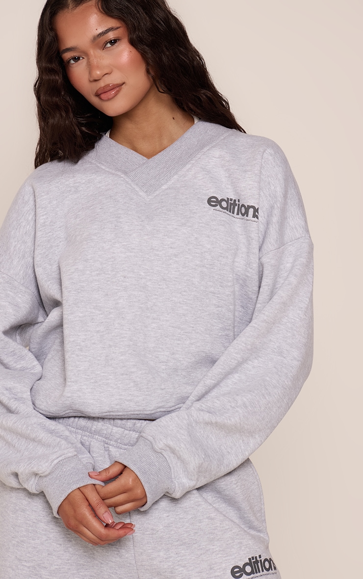 Grey Marl Editions Print V Neck Off Shoulder Sweatshirt