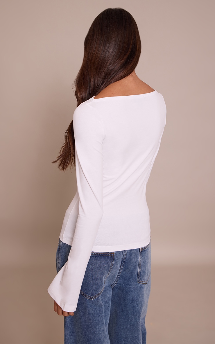 White Soft Cotton Boat Neck Flared Long Sleeve Top image 2