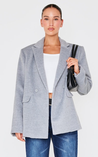 Grey Oversized Textured Wool Look Blazer
