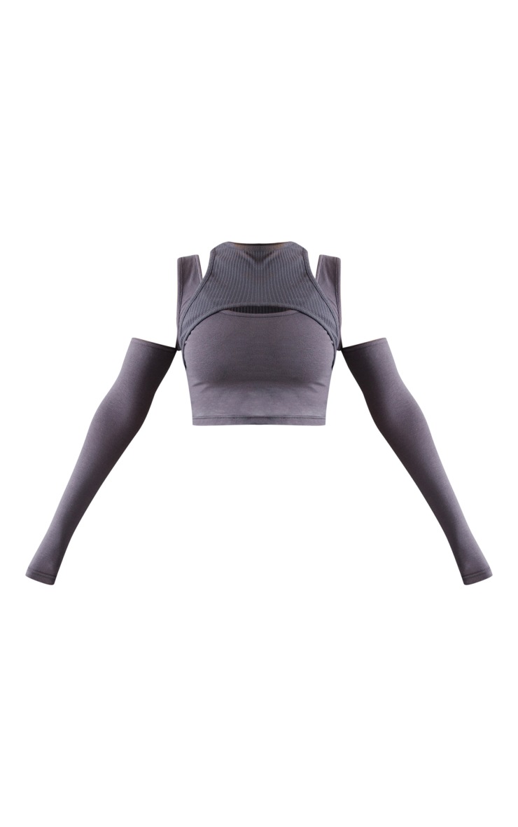 Charcoal Rib Mix Overlay Cold Shoulder Crop Top image 5