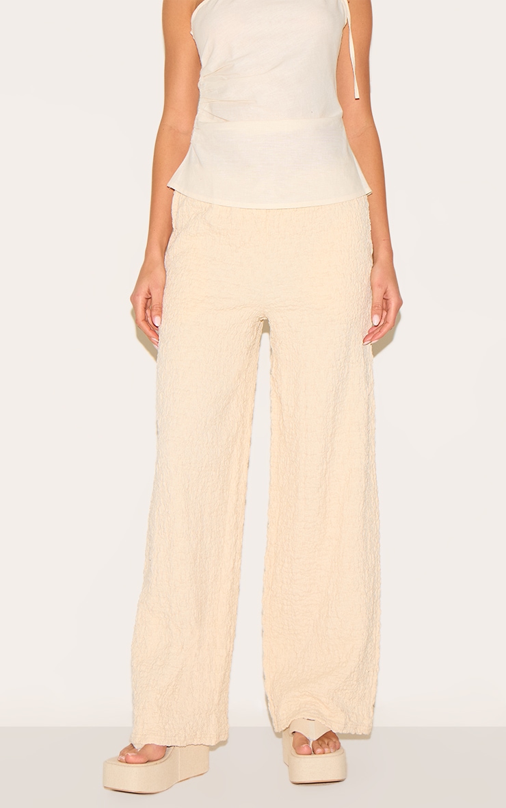 Cream Textured Jersey Drawstring Waist Wide Leg Pants image 1