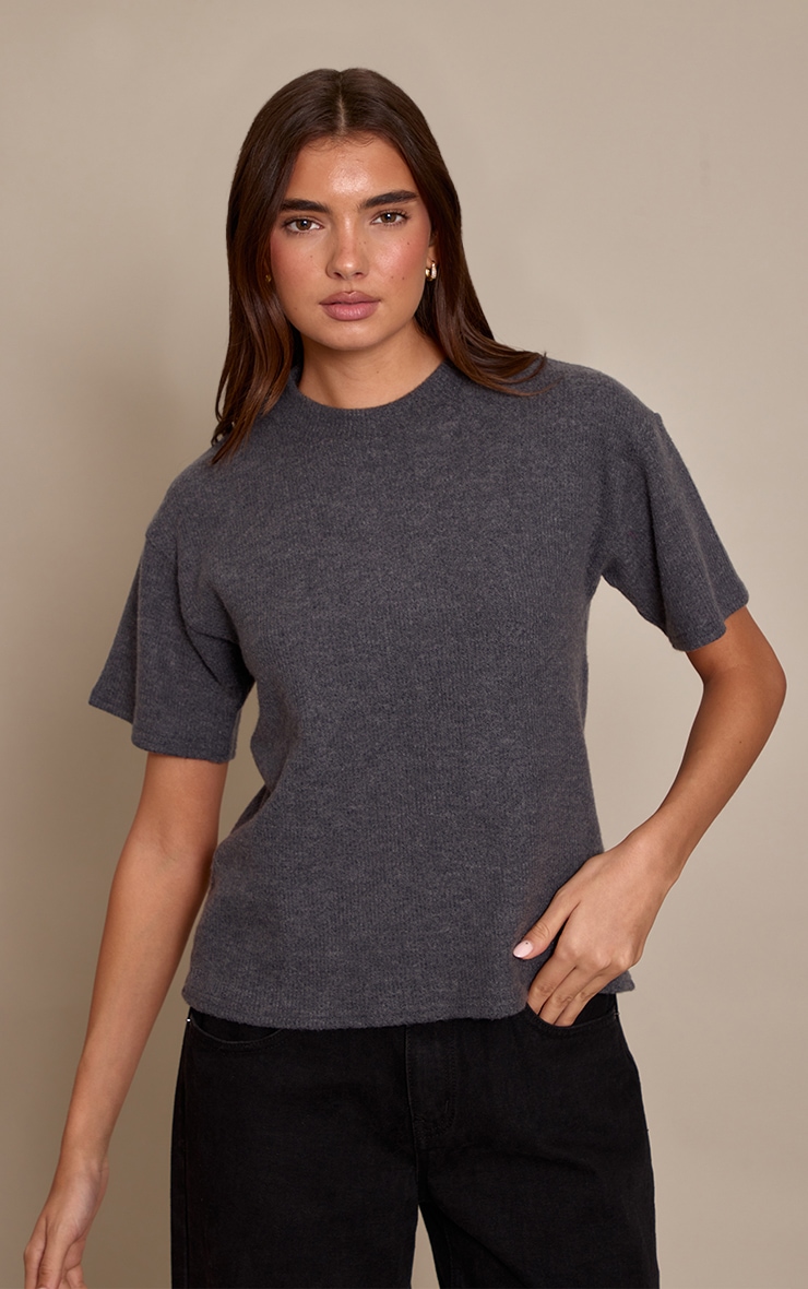 Charcoal Wool Rib Loose Fitted T Shirt