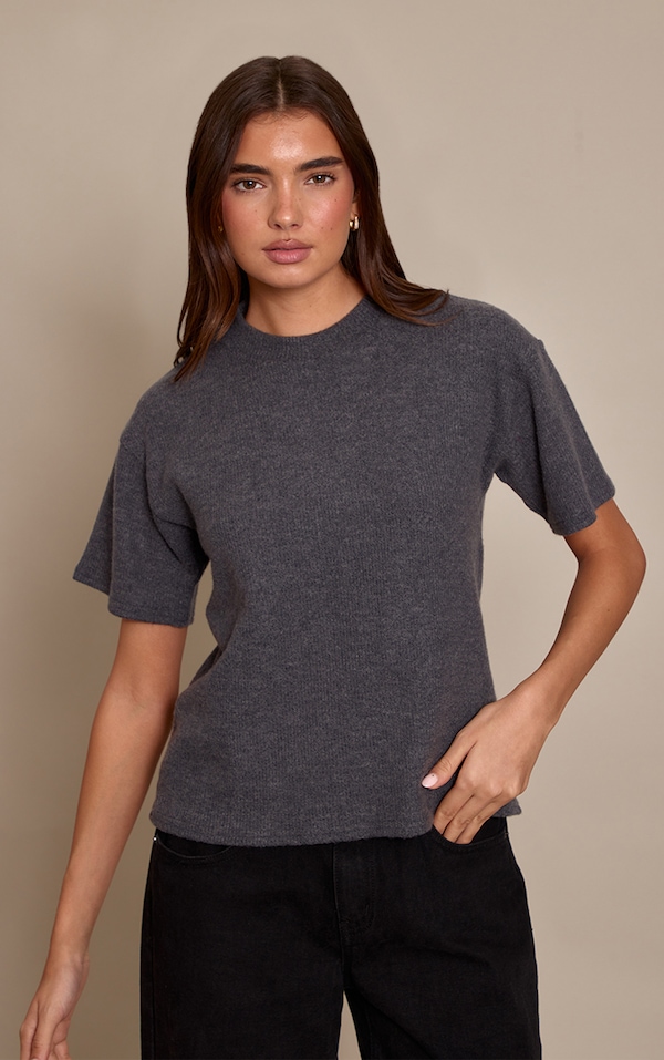 Charcoal Wool Rib Loose Fitted T Shirt
