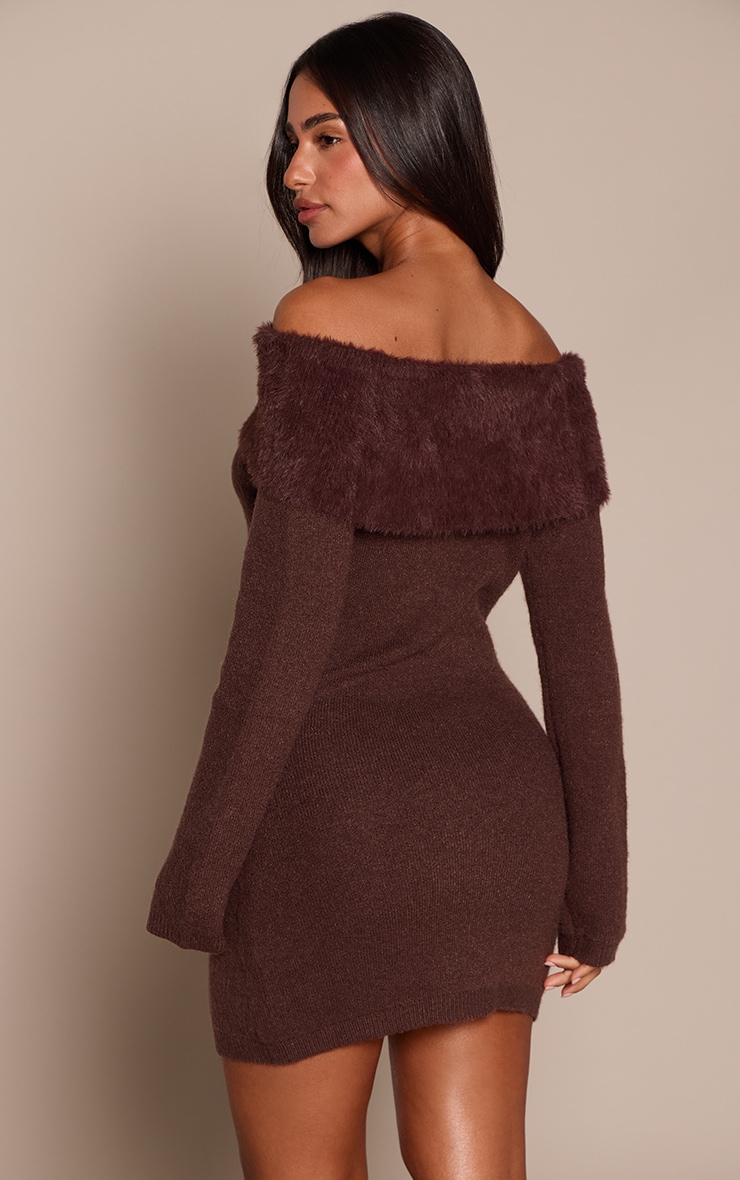 Petite Chocolate Fluffy Knit Off Shoulder Mini Dress image 2
