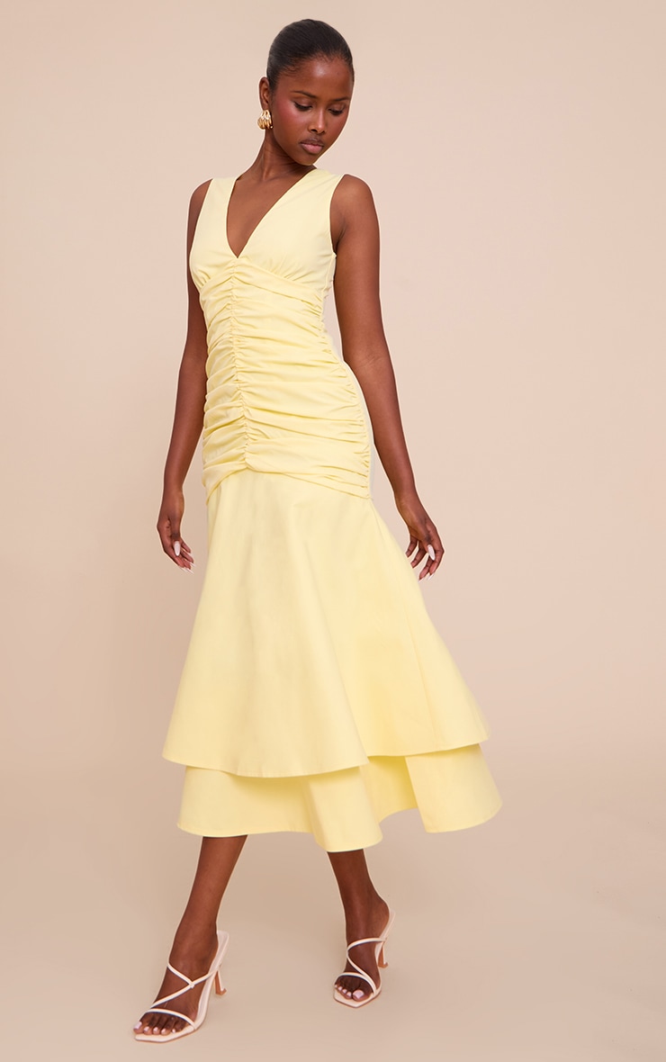 Lemon Woven Ruched Dropped Waist Midaxi Dress image 1