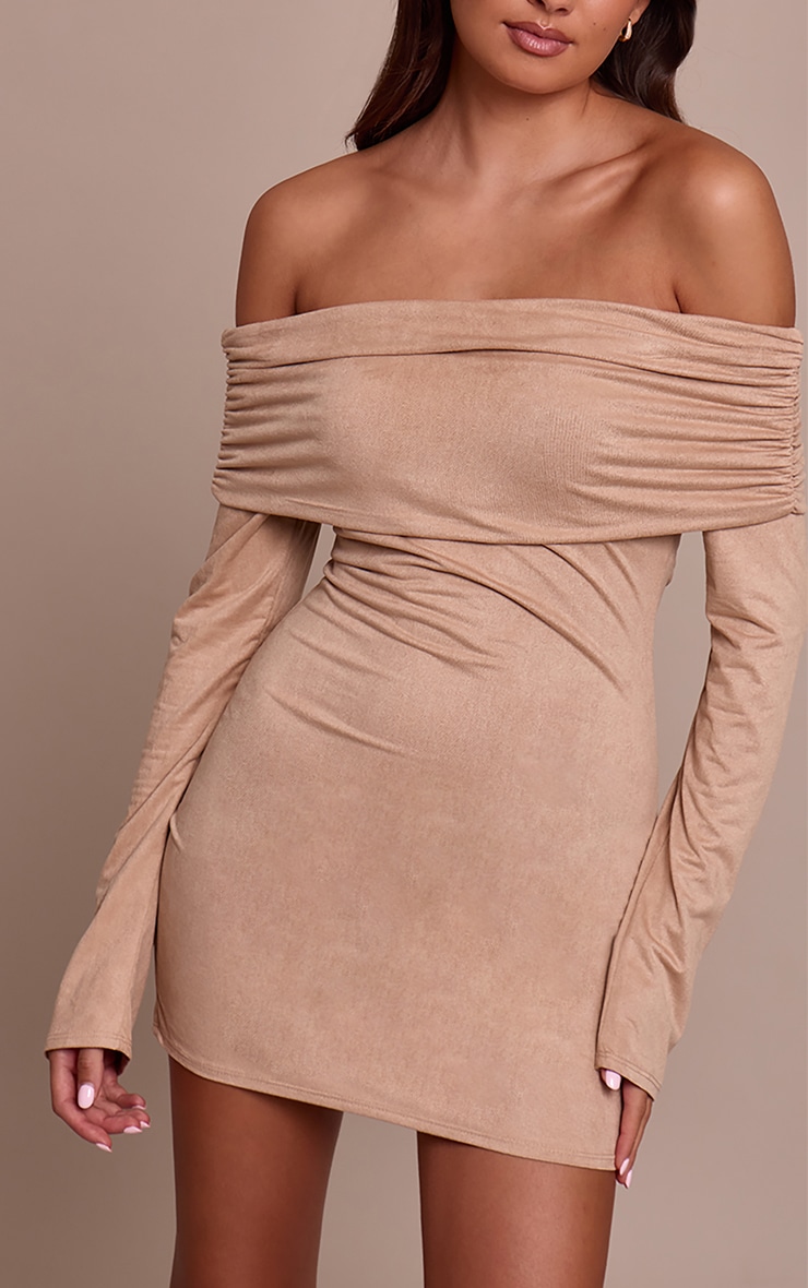 Cream Faux Suede Bardot Long Sleeve Bodycon Dress image 4