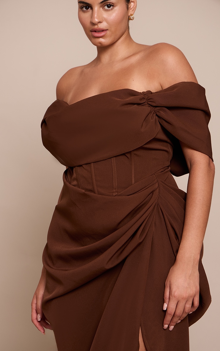 Plus Chocolate Corset Bardot Draped Midi Dress image 4