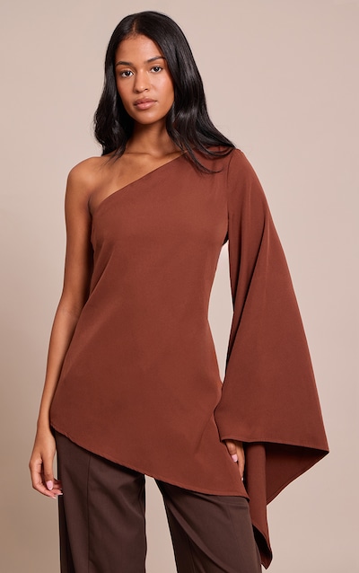 Tall Chocolate Woven Asymmetric Flare Sleeve Long Top