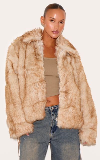 Plus Beige Tipped Faux Fur Collar Detail Jacket