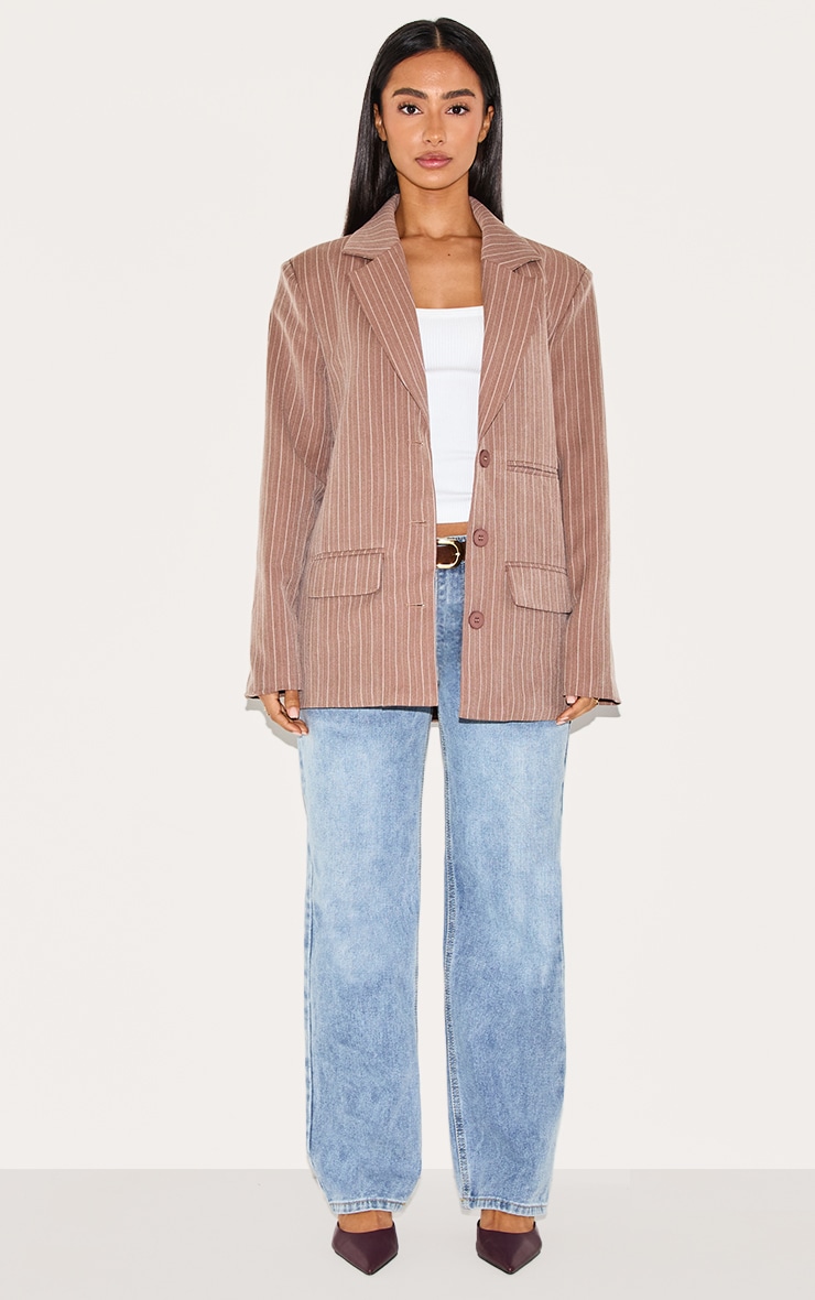 Petite Taupe Woven Pinstripe Oversized Blazer