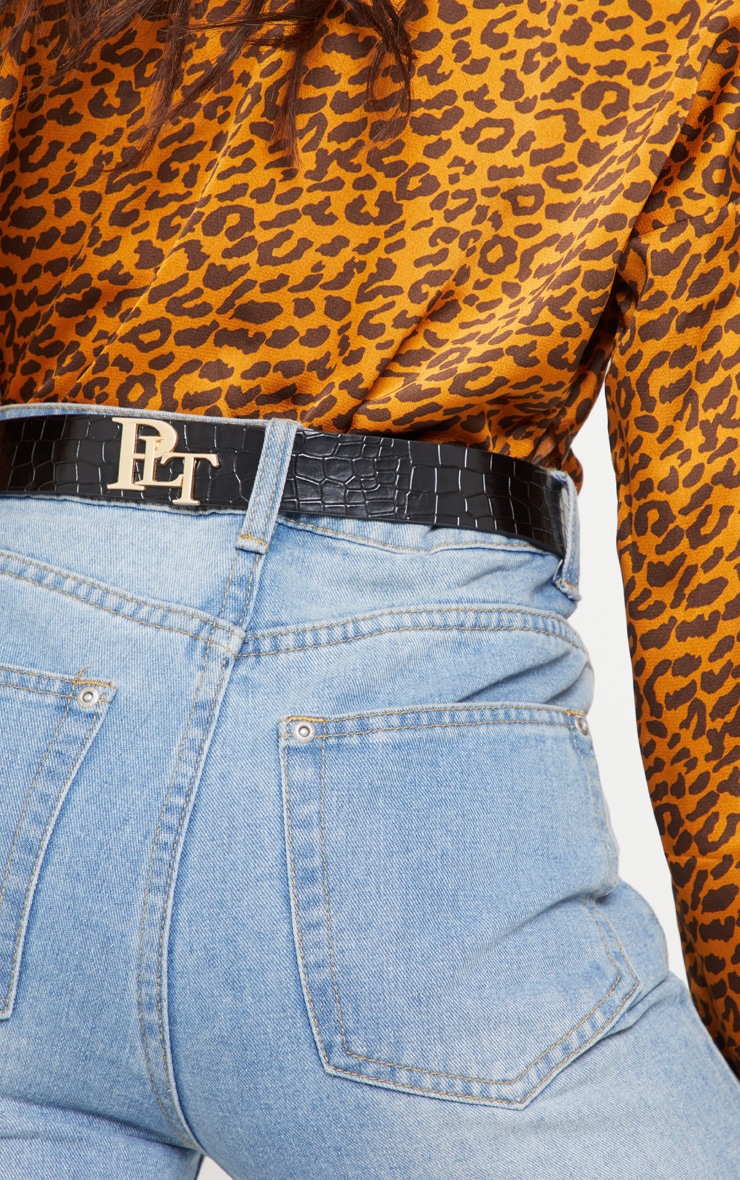 PRETTYLITTLETHING Logo Buckle Black Croc Belt