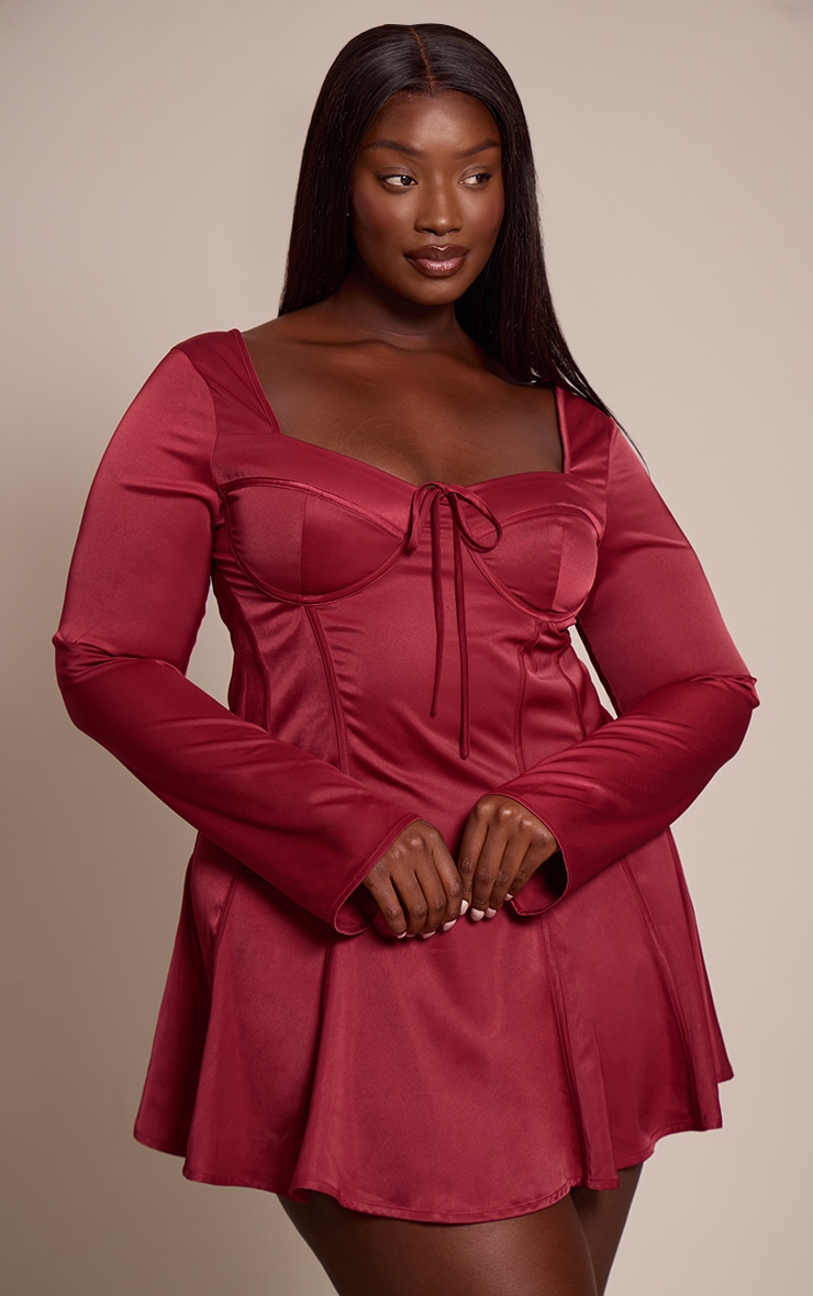 Plus Burgundy Satin Long Sleeve Mini Dress