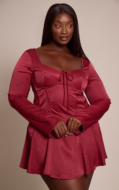 Plus Burgundy Satin Long Sleeve Mini Dress