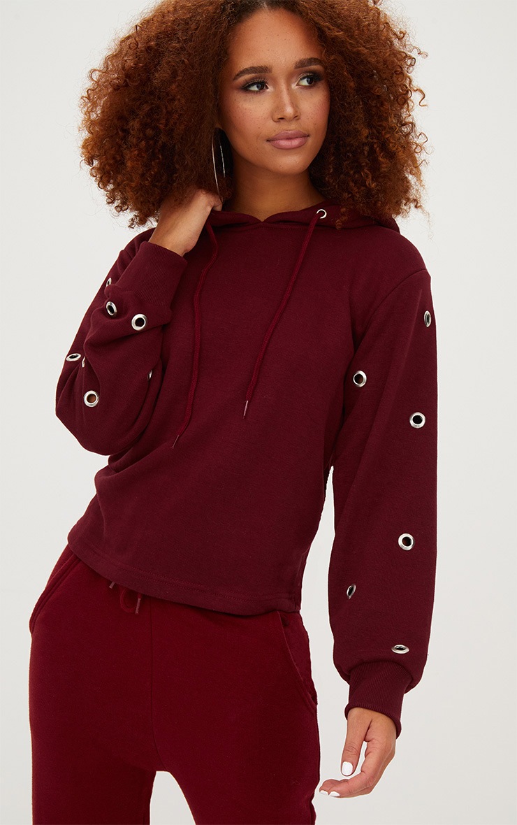 Burgundy Eyelet Cropped Hoodie | Tops | PrettyLittleThing