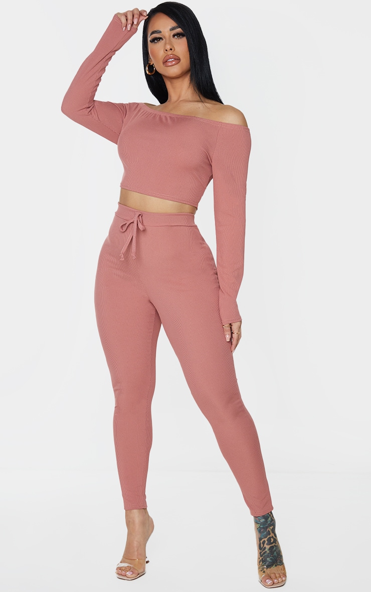 Shape Rose Ribbed High Waist Leggings, Pink