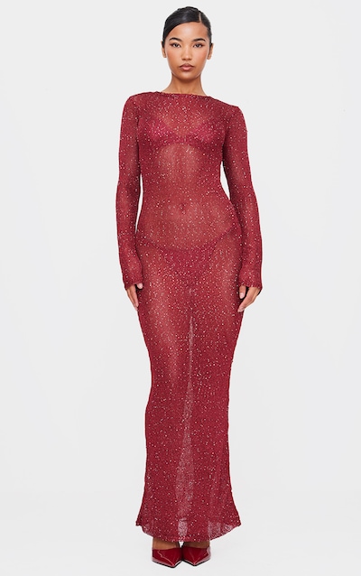 Wine Sequin Knit Long Sleeve Maxi Dress