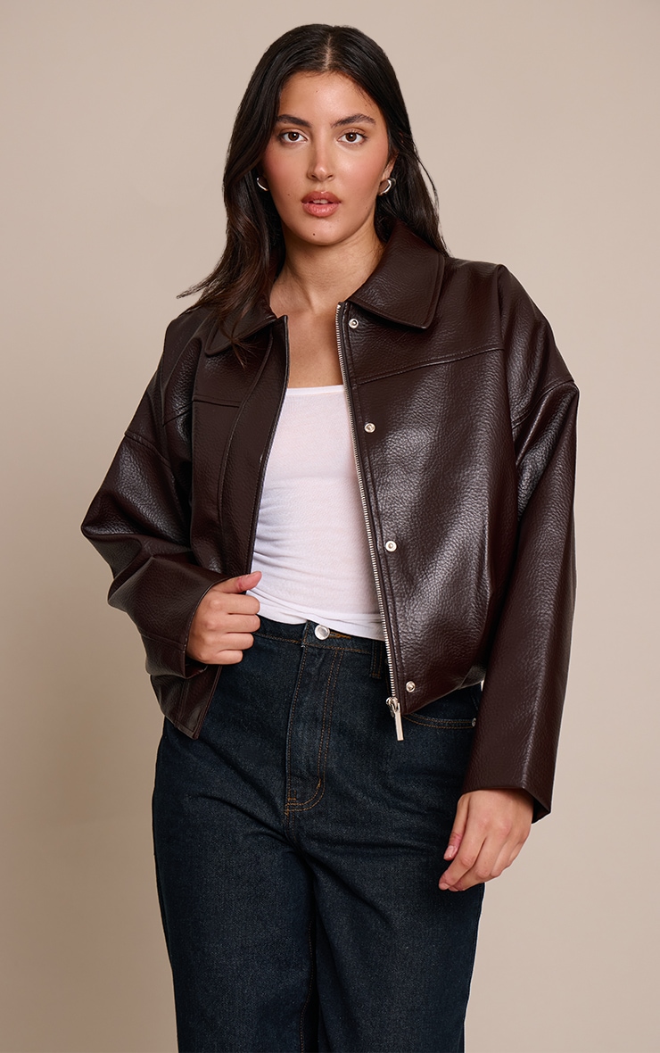 Bitter Chocolate Faux Leather Covered Placket Bomber Jacket image 1