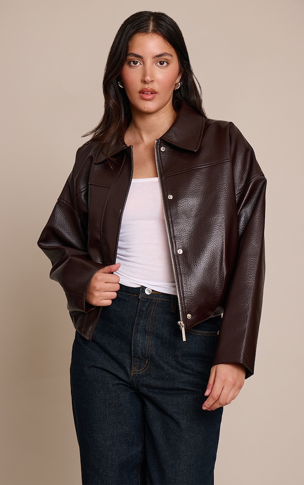 Bitter Chocolate Faux Leather Covered Placket Bomber Jacket