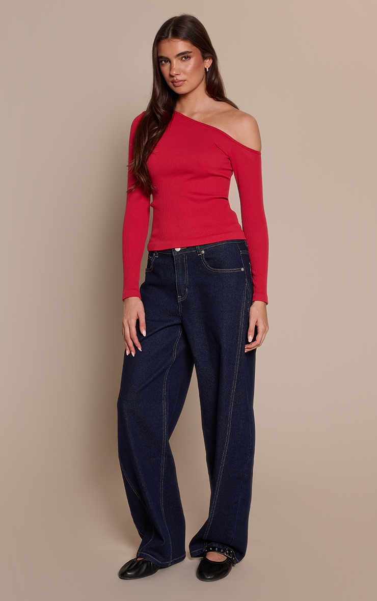 Red Contour Rib Asymmetric Long Sleeve Top   image 3