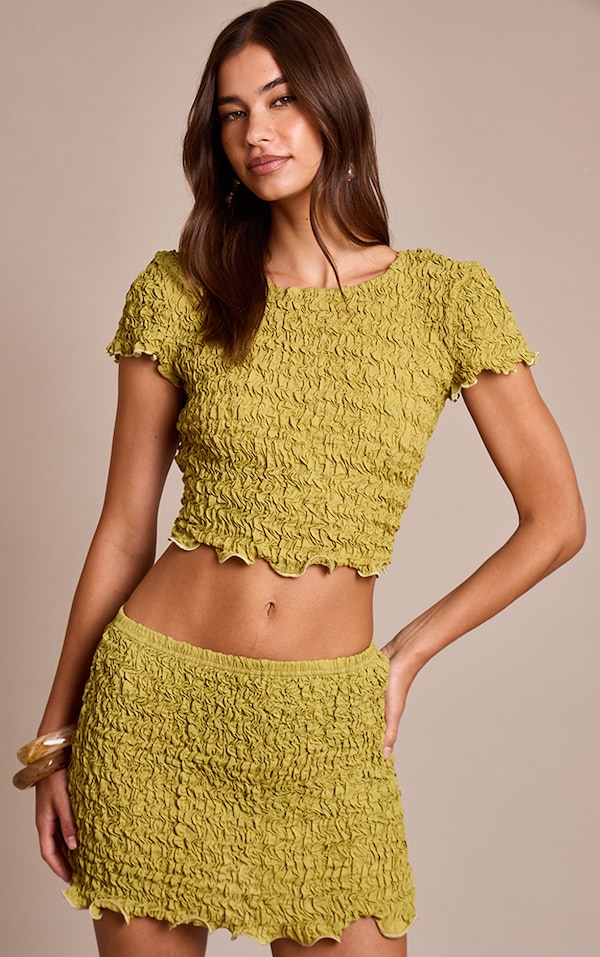Olive Crinkle Textured Jersey Crew Neck Top