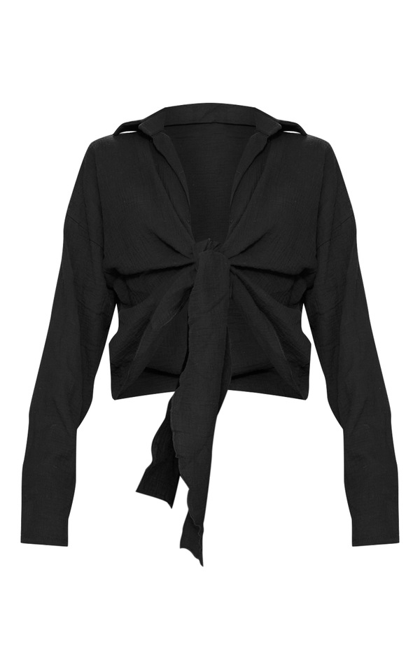 Black Textured Cheesecloth Tie Front Blouse PrettyLittleThing