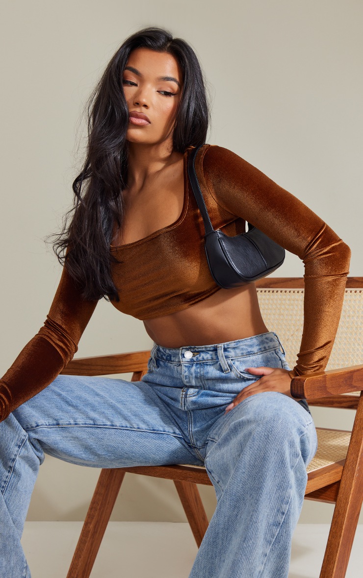 Chocolate Velvet Long Sleeve Square Neck Crop image 1