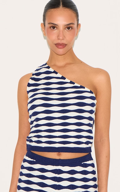 Petite Top ajusté en maille tricot bleu marine à rayures et épaule unique