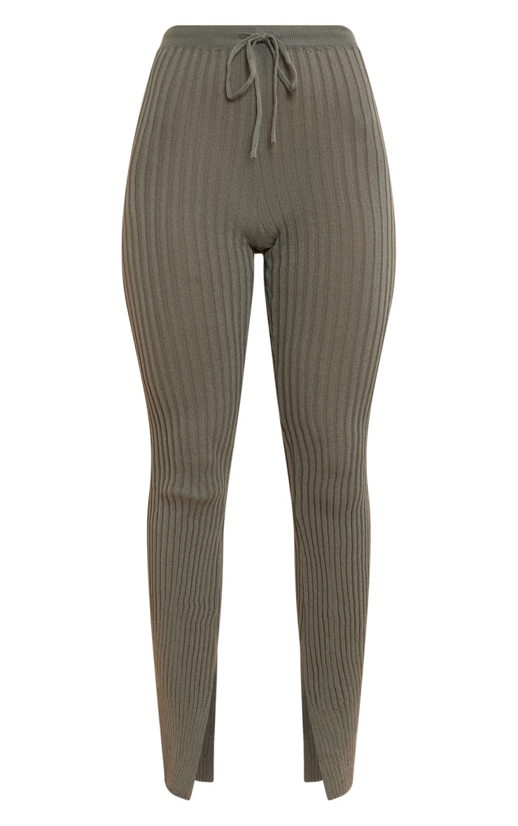 Khaki Ribbed Sheer Knit Flared Pants image 5