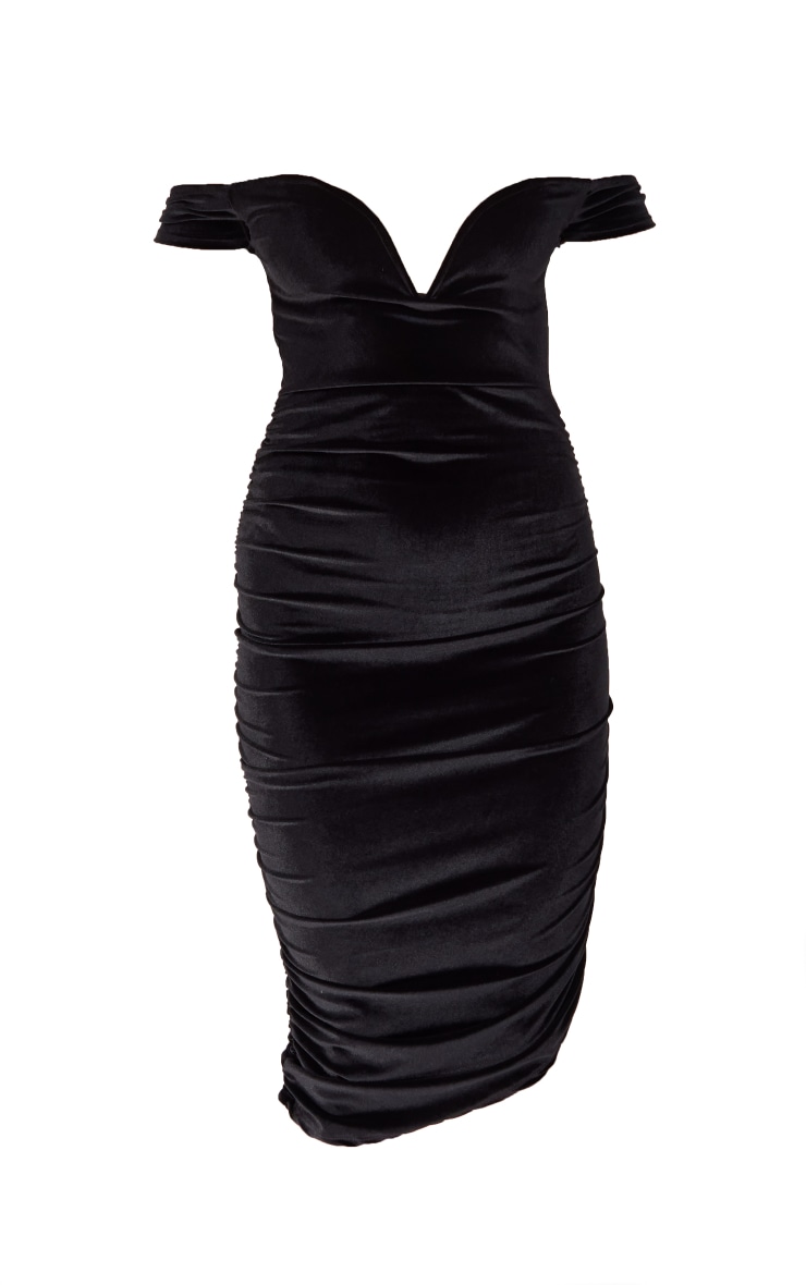Black Velvet V Bar Bardot Ruched Midi Dress PrettyLittleThing