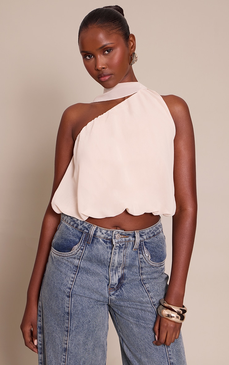 Cream Mesh Halterneck Scarf Detail Top