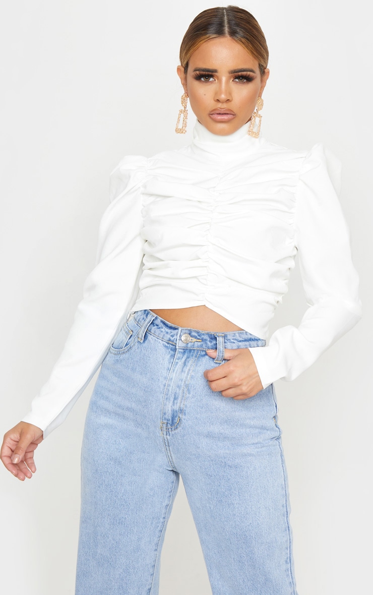 Petite White Ruched Detail Cropped Blouse