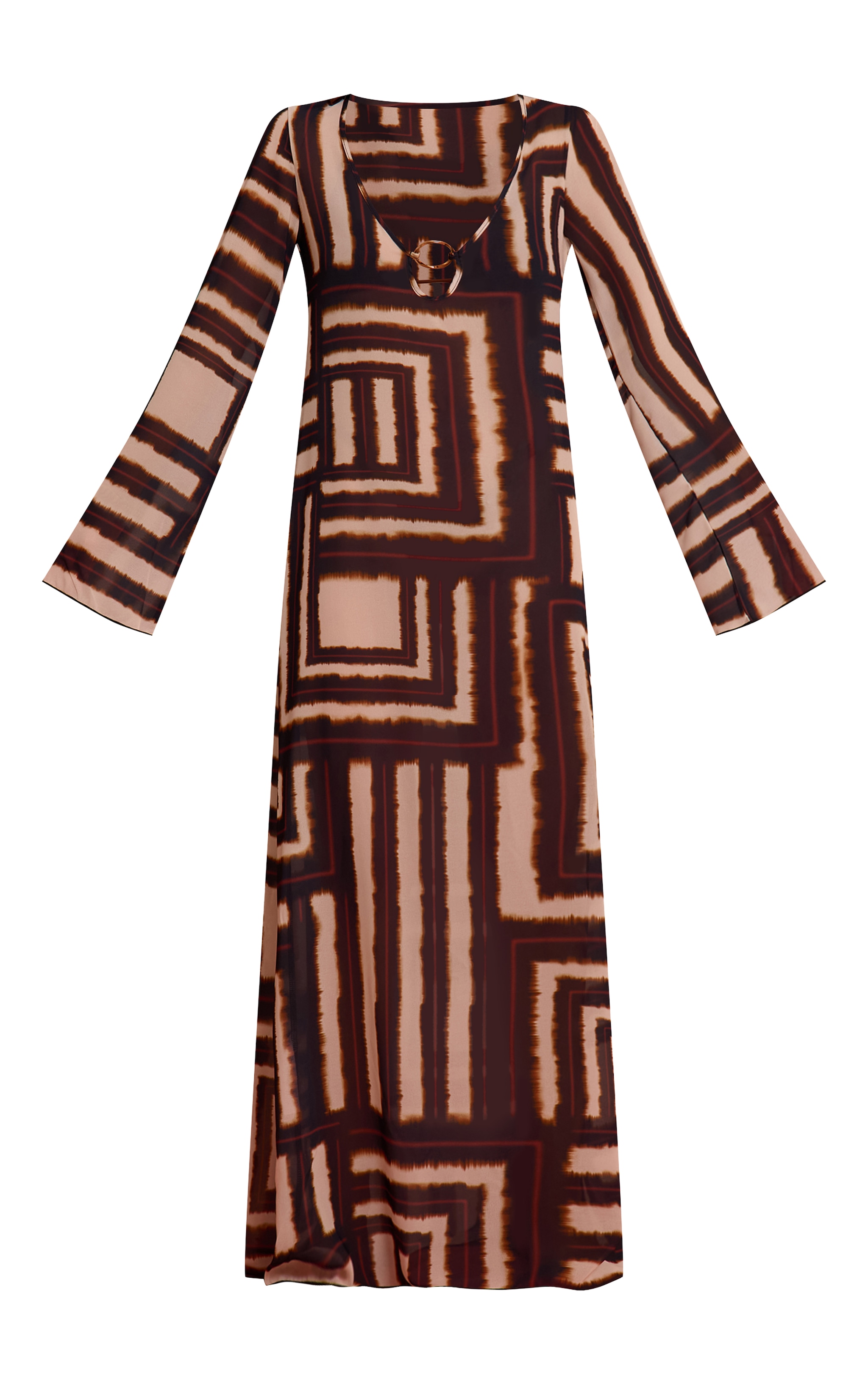 Brown Geometric Chiffon Ring Detail Beach Dress image 5