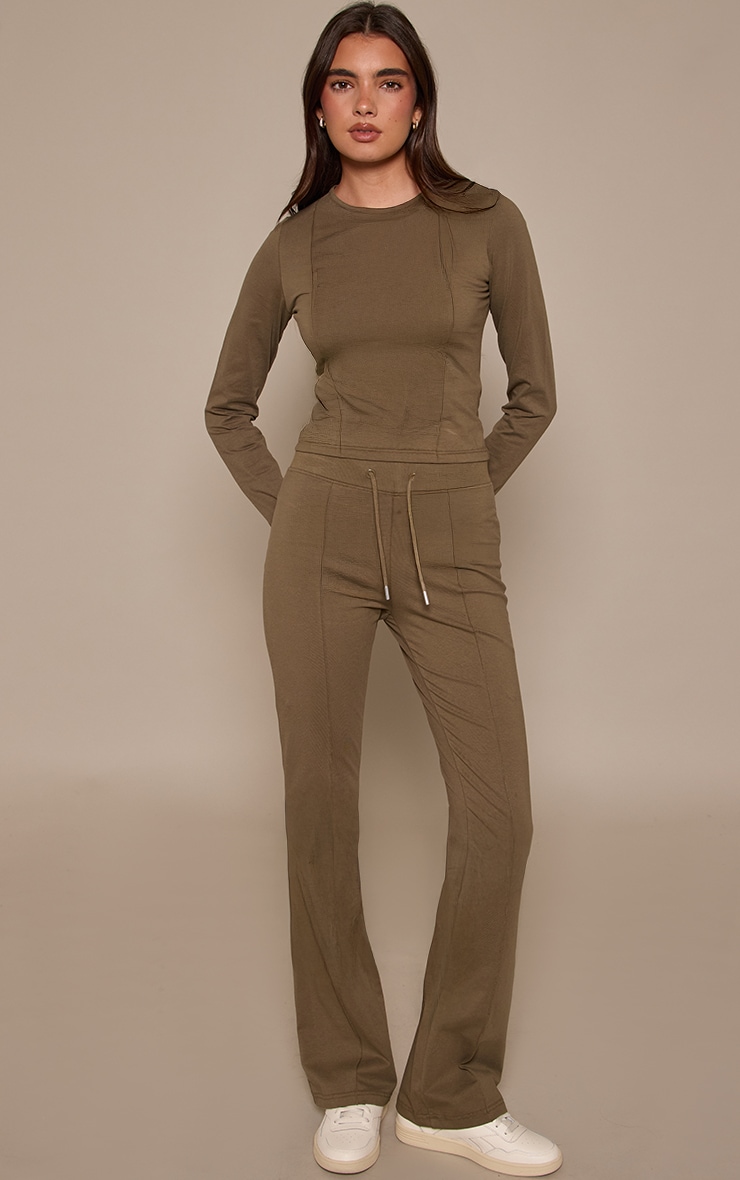 Sage Khaki Cotton Seam Detail Long Sleeve Top image 3