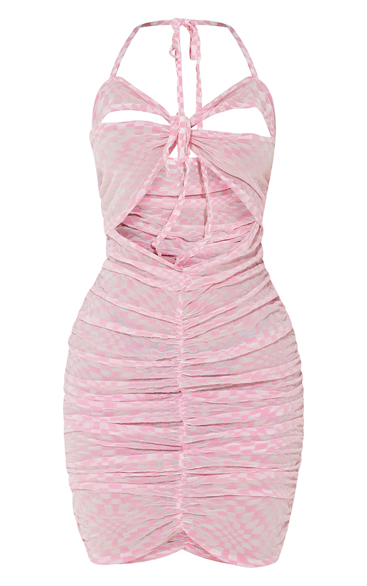 Petite Pink Strappy Flocked Mesh Bodycon Dress PrettyLittleThing