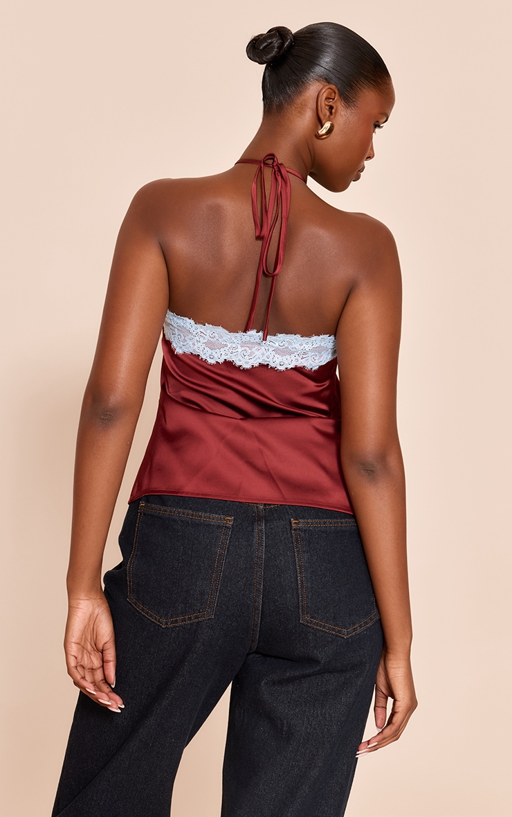 Burgundy Satin Contrast  Lace Trim Halterneck Cami Top image 2