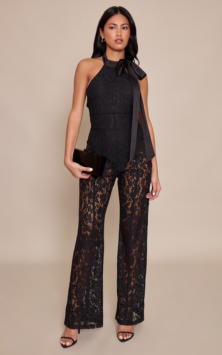 Black Lace Bow Detail Straight Leg Jumpsuit image 1