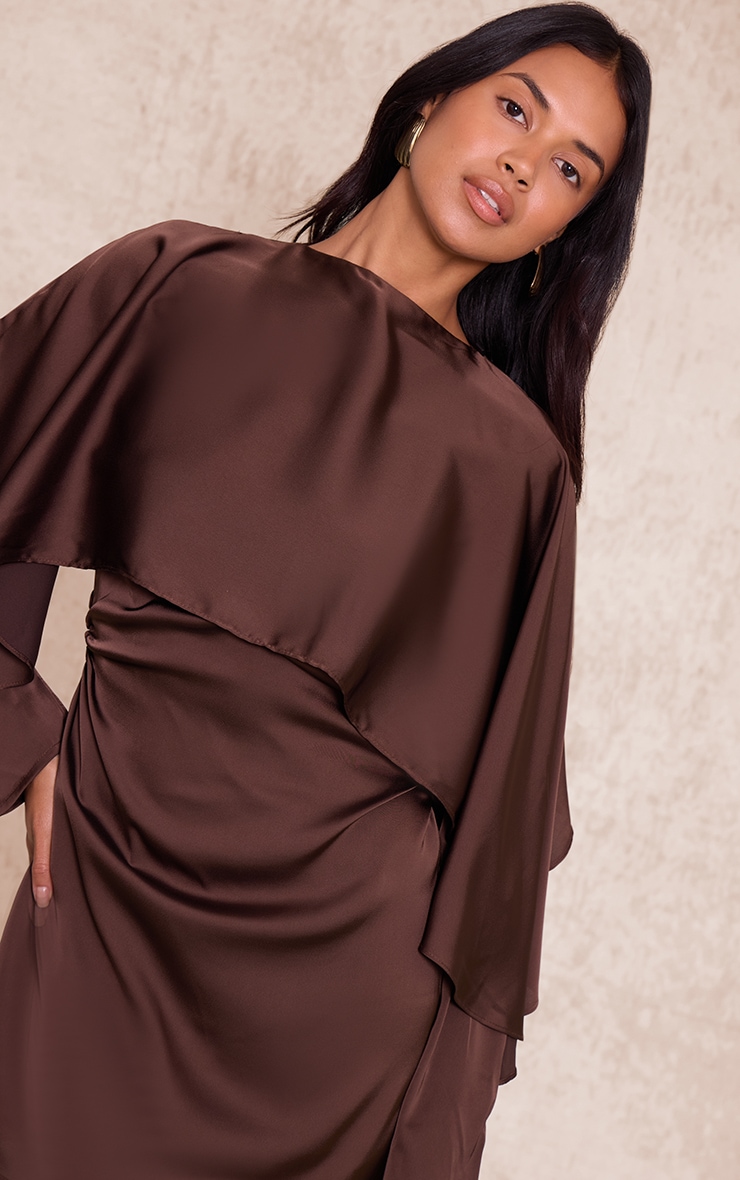 Dark Chocolate Satin Overlay Cape Detail Bodycon Dress image 4