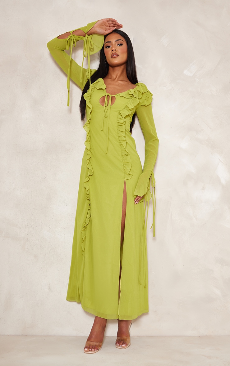 Tall Lime Frilled Long Sleeve Maxi Dress image 3