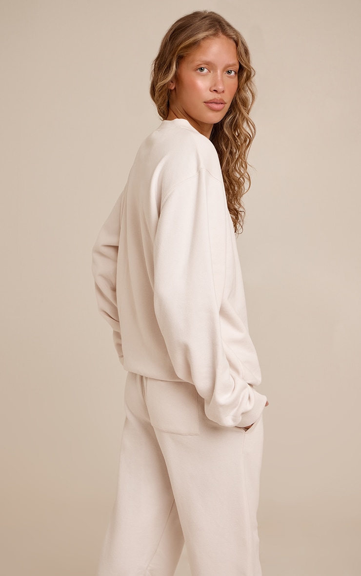 Cream PLT Embroidered Cotton Fleece Oversized Crew Sweatshirt image 2