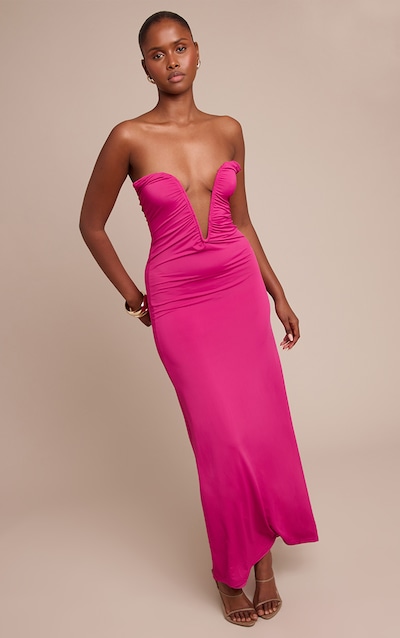 Robe bustier longue douce fuchsia à col barre en V