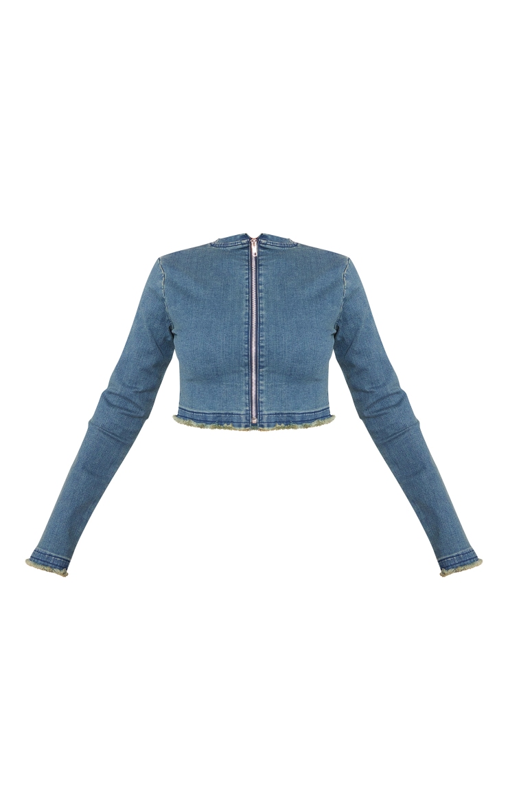 Indigo Blue Wash Raw Hem Long Sleeve Denim Top image 5