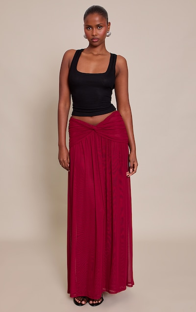 Burgundy Mesh Twist Front Detail Floaty Maxi Skirt