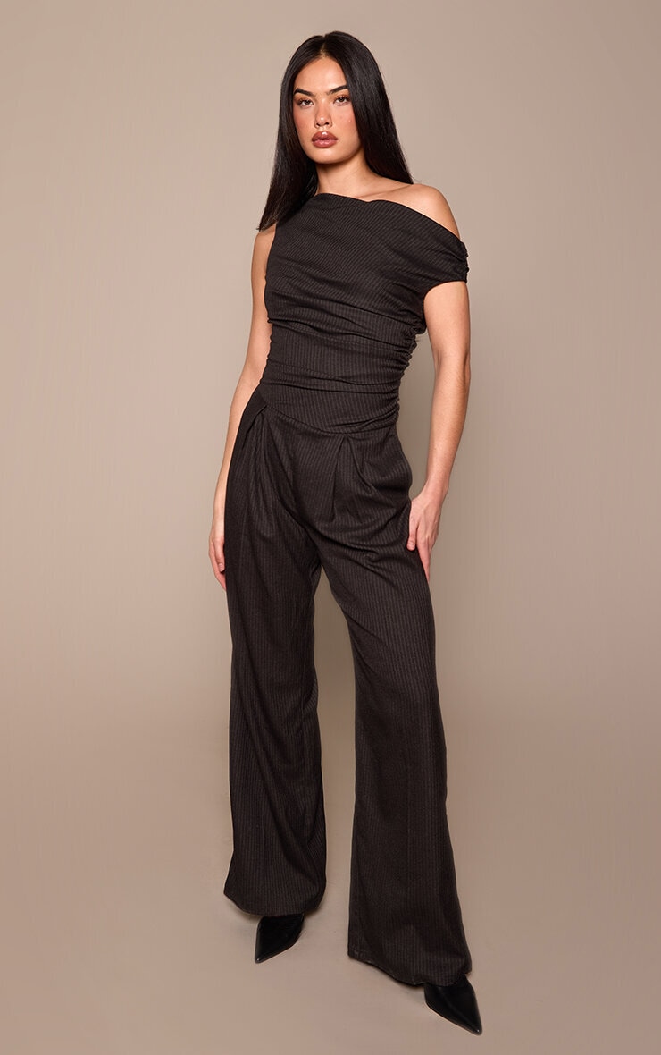 Black Woven Pinstripe Asymmetric  Wide Leg Jumpsuit image 1