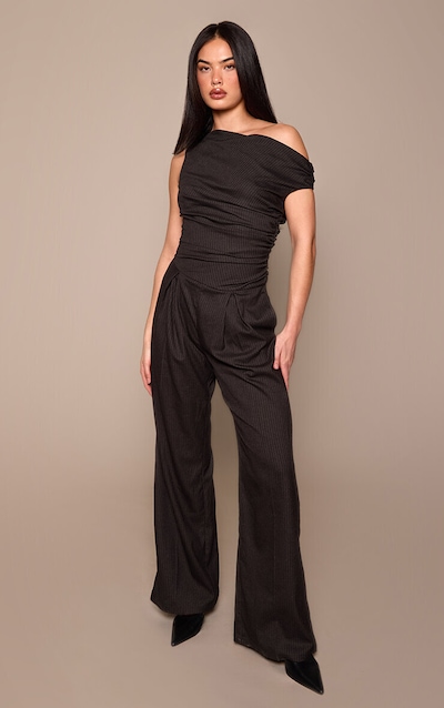 Black Woven Pinstripe Asymmetric Wide Leg Jumpsuit