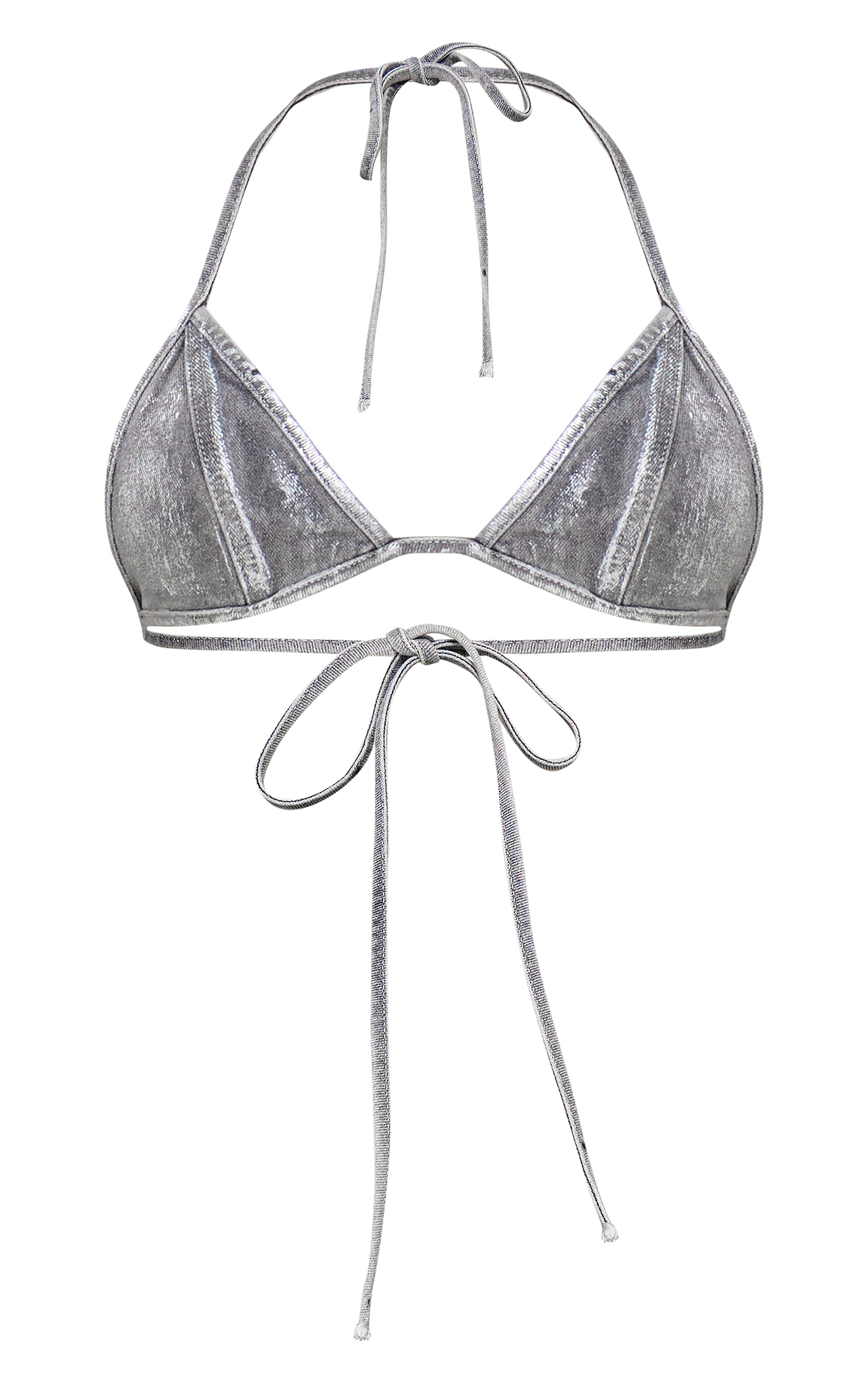 Silver Metallic Foil Effect Tie Up Denim Triangle Top image 1