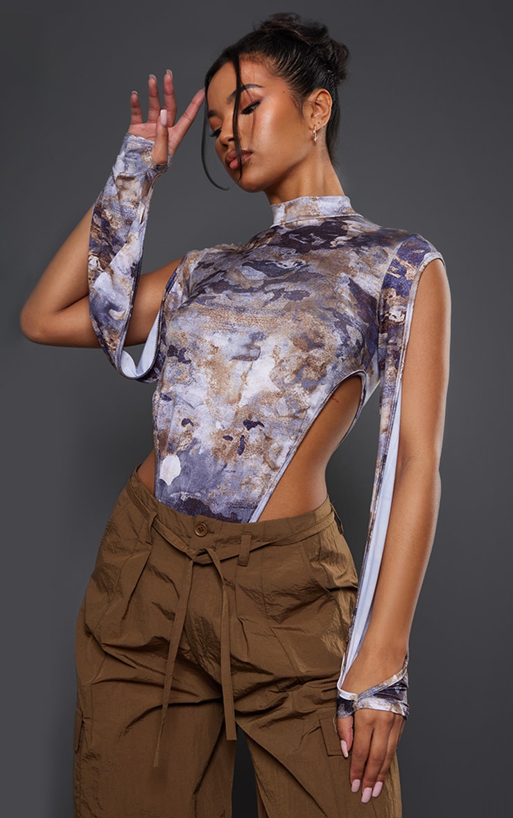 Charcoal Printed Slinky High Neck Cut Out Bodysuit