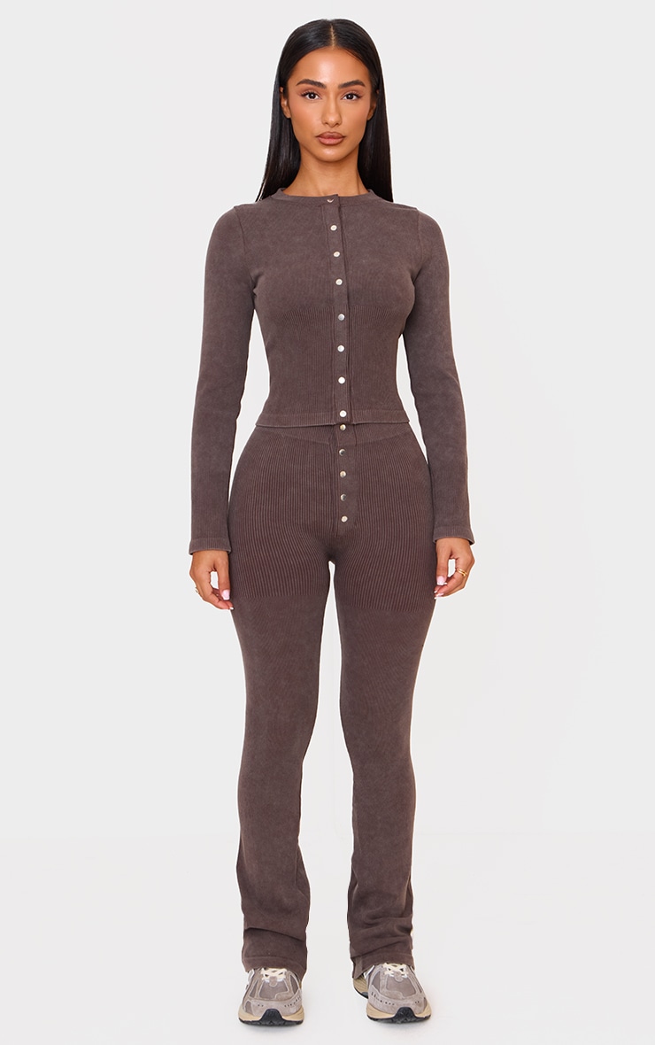 Petite Chocolate Faded Snatched Rib Button Detail Flare Leggings image 1