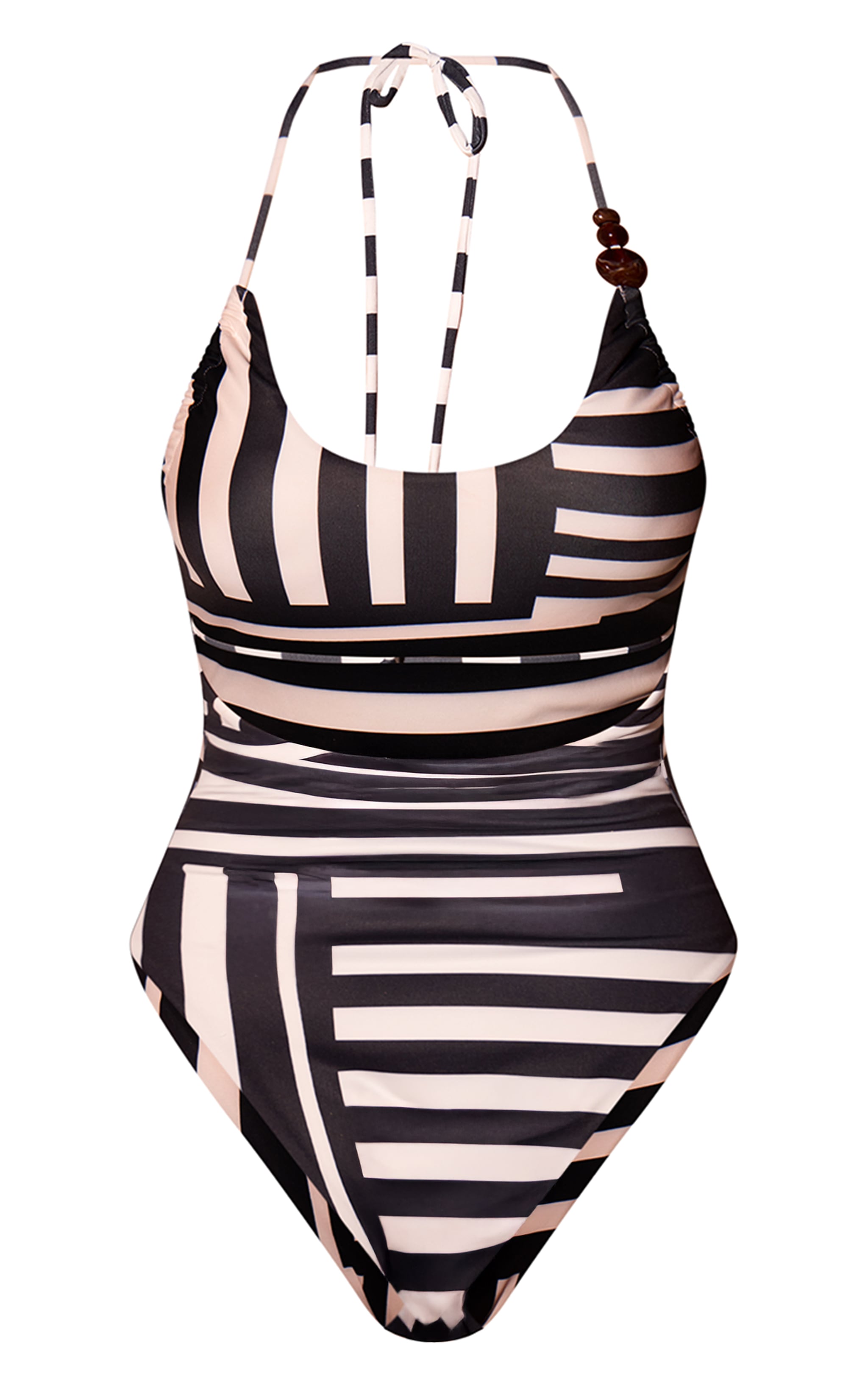 White Stripe Print Scoop Neck Bead Trim Swimsuit image 6