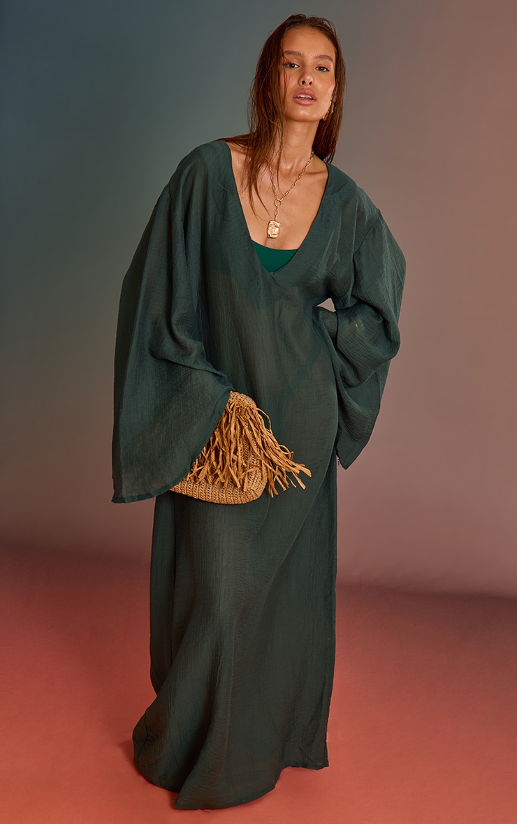 Sea Green Linen Look Oversized V Neck Maxi Beach Dress image 3