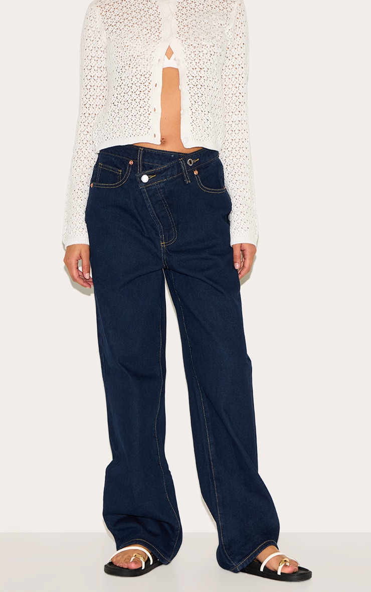 Petite Indigo Denim Asymmetric Waistband Straight Leg Jeans image 2